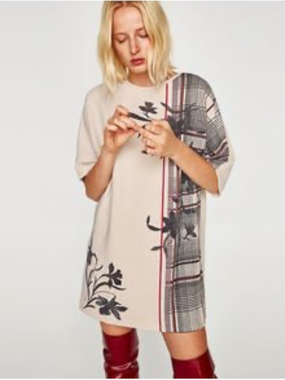 Zara Beige Mini Dress with Black Floral & Plaid Accents